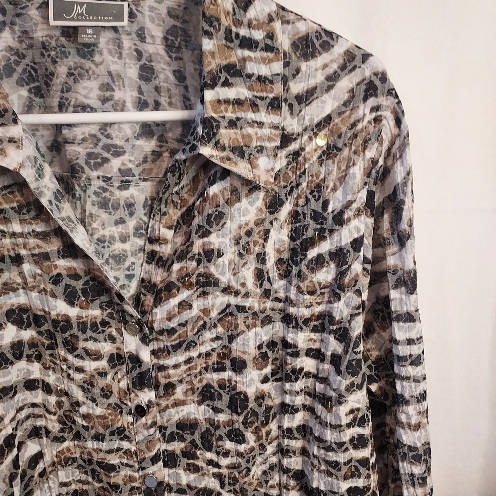 JM COLLECTION Semi Sheer 3/4 Sleeve Sequin Button Top sz 16 - Picture 6 of 12